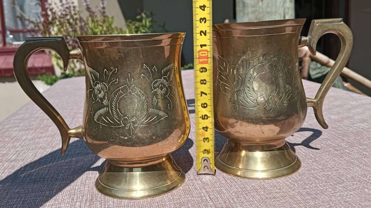Pair of Solid Brass Tankards or Beer Mugs (350g each) with Floral Engravings