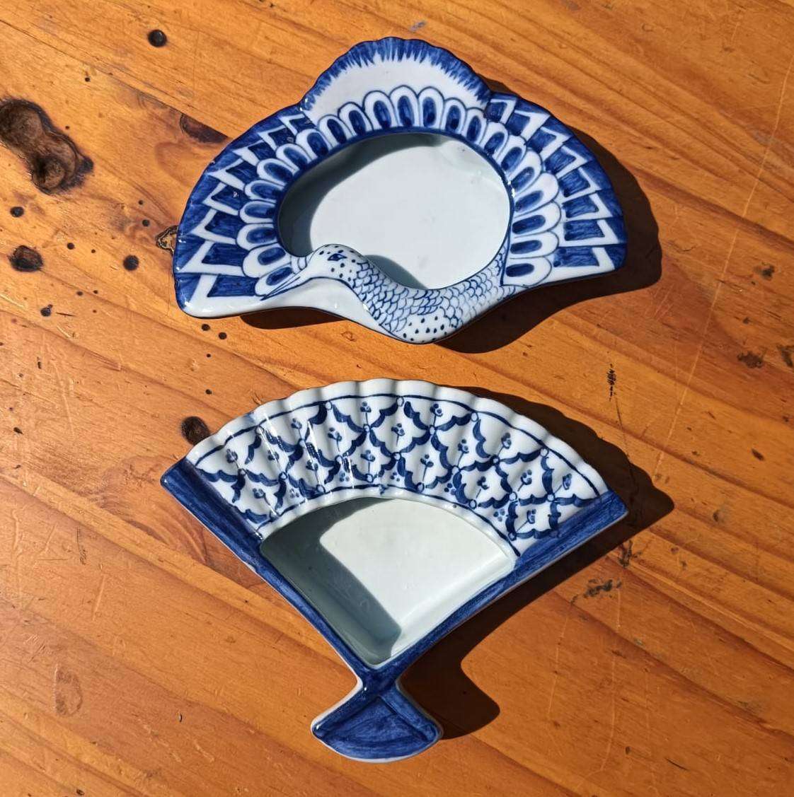 Two Porcelain Ring Dishes: Peacock with Tail Feathers and Handfan Design Vintage Japan