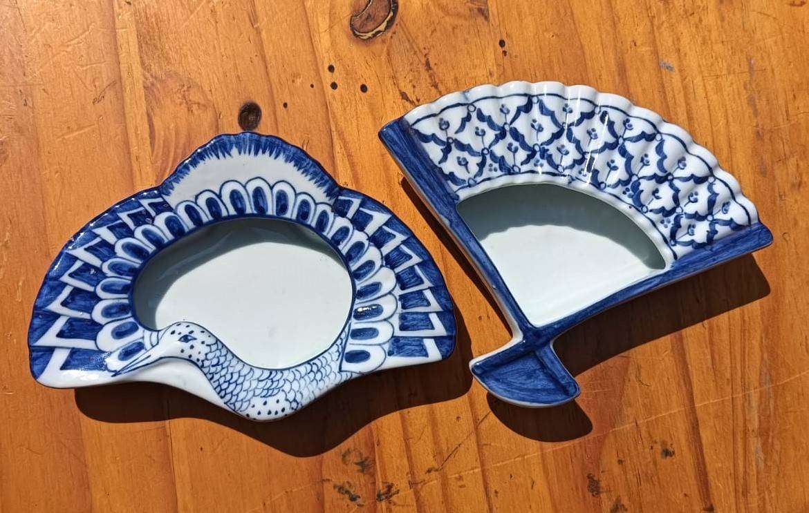 Two Porcelain Ring Dishes: Peacock with Tail Feathers and Handfan Design Vintage Japan