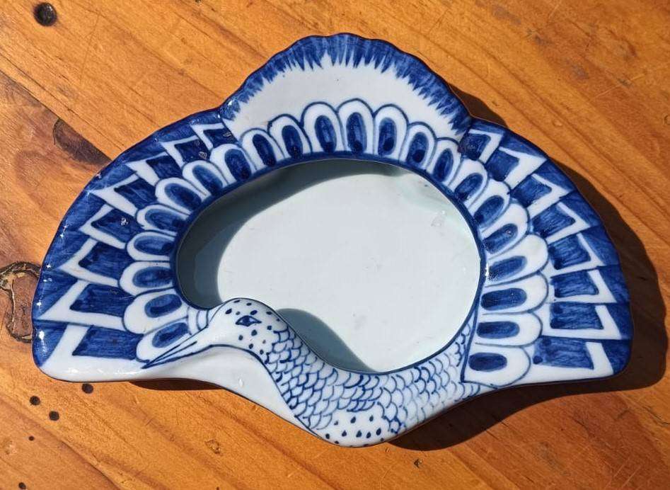 Two Porcelain Ring Dishes: Peacock with Tail Feathers and Handfan Design Vintage Japan