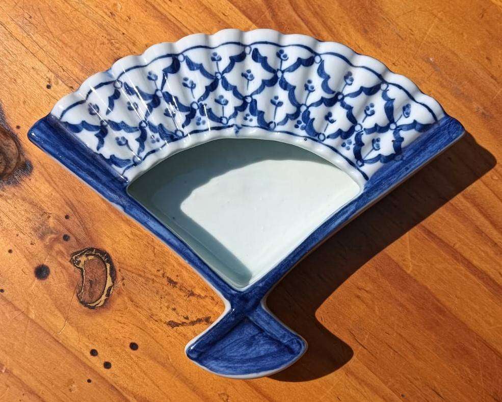 Two Porcelain Ring Dishes: Peacock with Tail Feathers and Handfan Design Vintage Japan