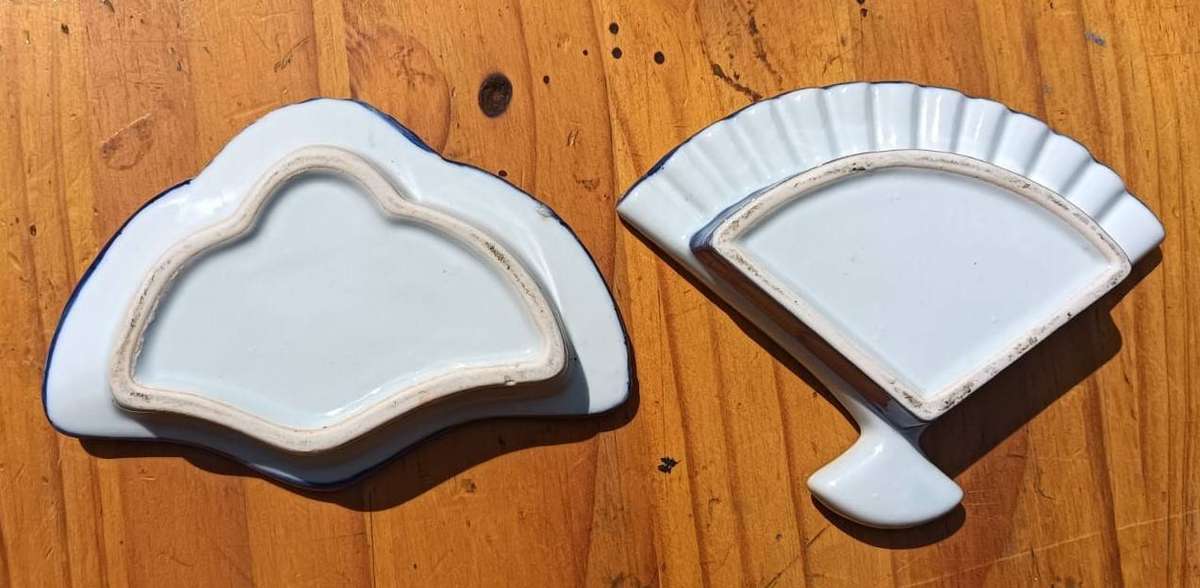 Two Porcelain Ring Dishes: Peacock with Tail Feathers and Handfan Design Vintage Japan