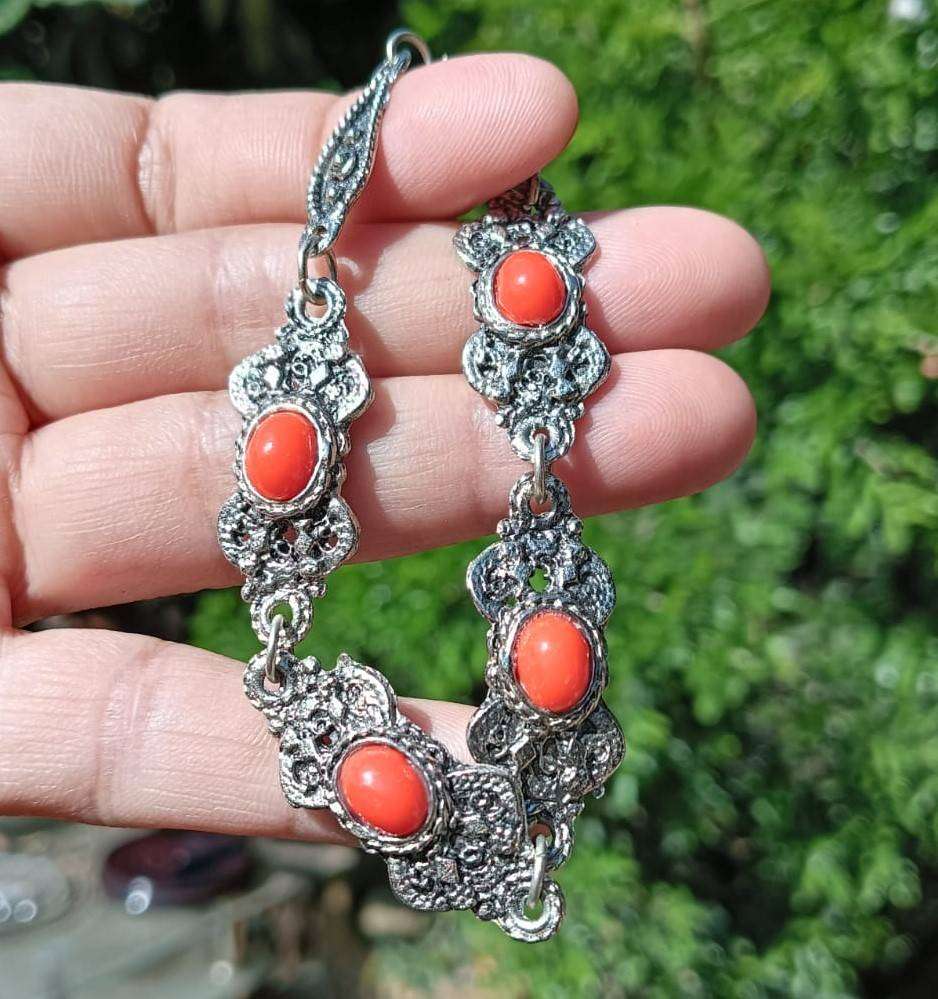 Vintage Silver Red Coral Filigree Bracelet Marked Sterling on Jump Ring Weight 19.56g