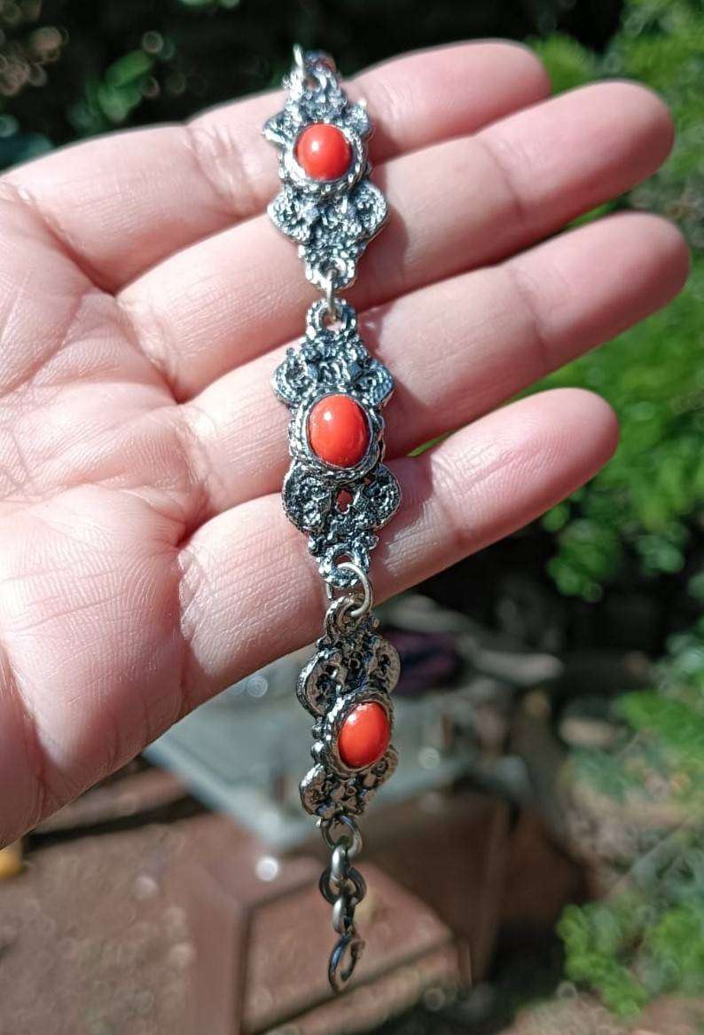 Vintage Silver Red Coral Filigree Bracelet Marked Sterling on Jump Ring Weight 19.56g