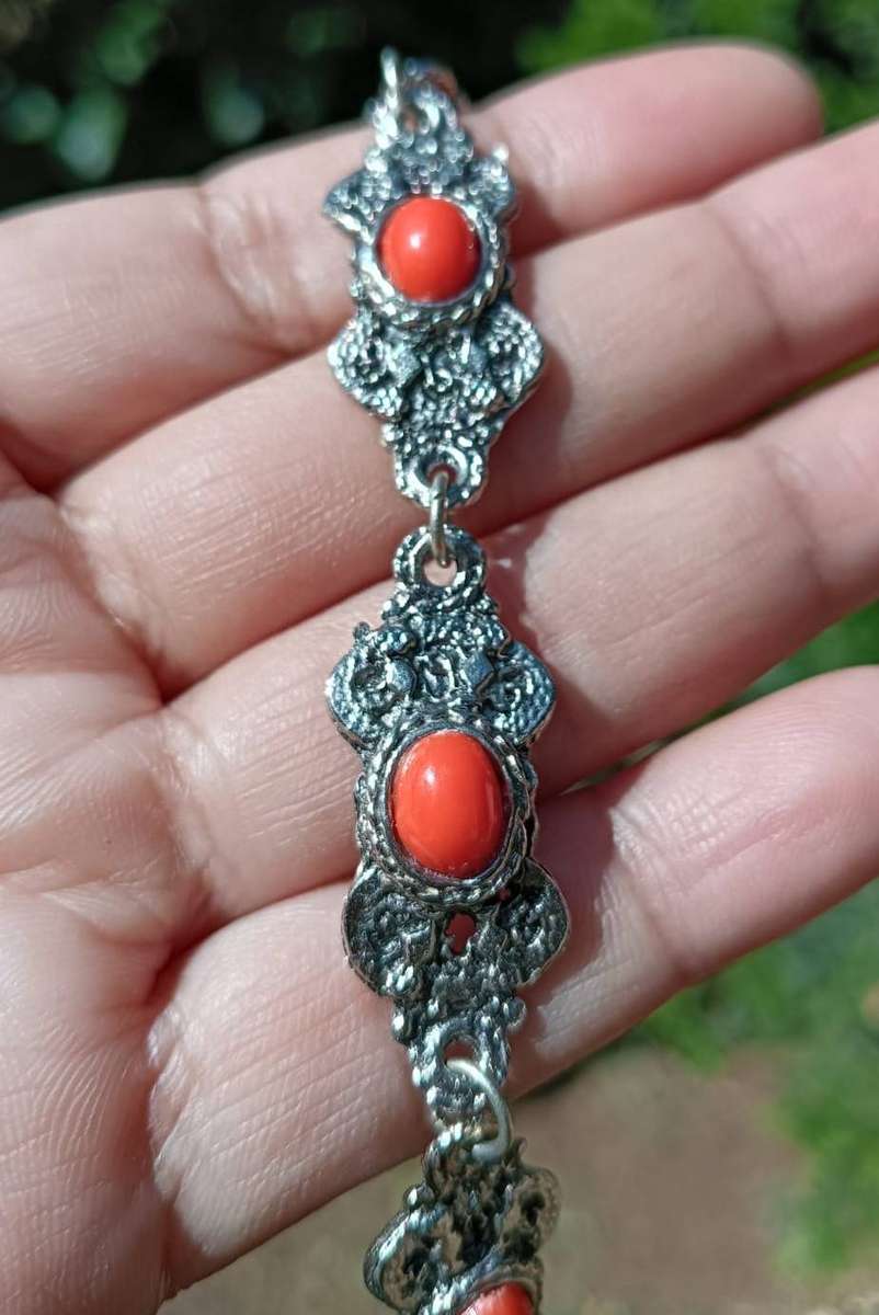 Vintage Silver Red Coral Filigree Bracelet Marked Sterling on Jump Ring Weight 19.56g