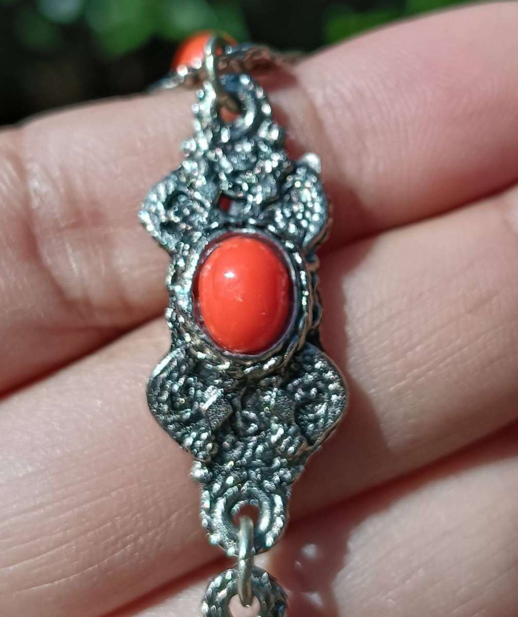 Vintage Silver Red Coral Filigree Bracelet Marked Sterling on Jump Ring Weight 19.56g
