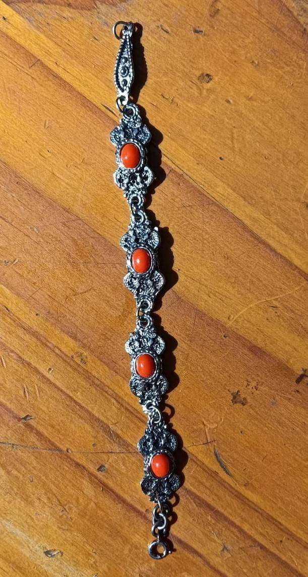 Vintage Silver Red Coral Filigree Bracelet Marked Sterling on Jump Ring Weight 19.56g