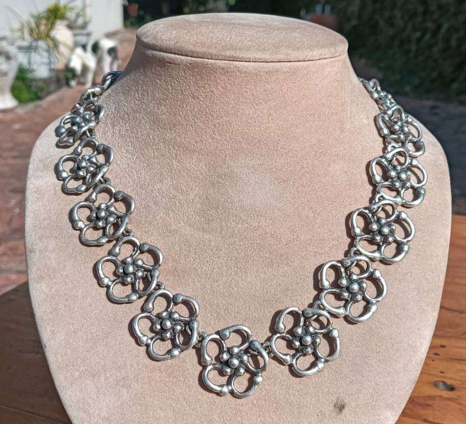 Antique Ottoman Daisy Rosette Floral Linked Silver Toned Necklace with Coin Pendant