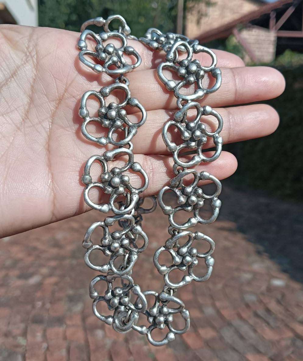 Antique Ottoman Daisy Rosette Floral Linked Silver Toned Necklace with Coin Pendant