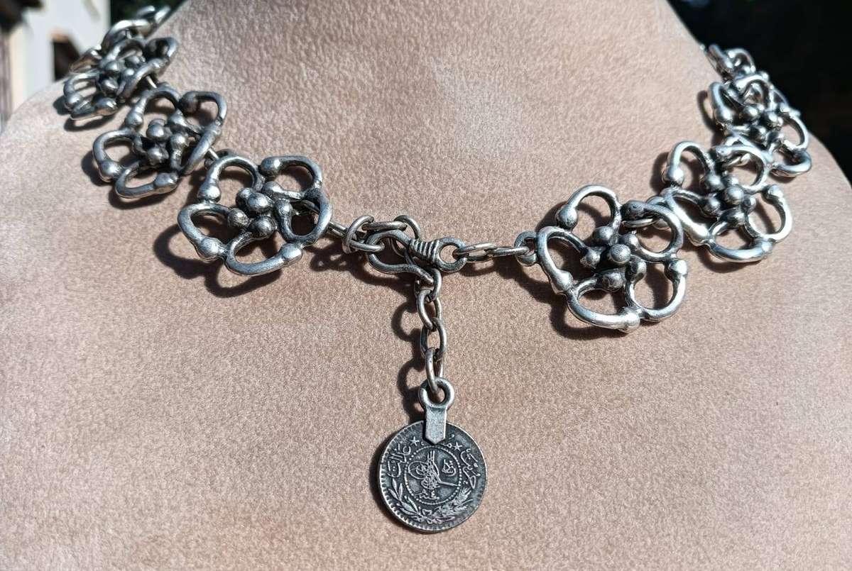 Antique Ottoman Daisy Rosette Floral Linked Silver Toned Necklace with Coin Pendant
