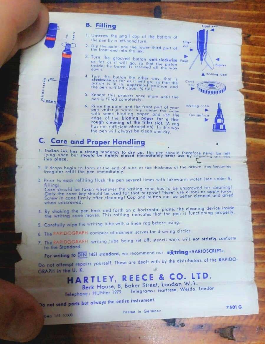 Vintage 1970s Rotring Rapidograph Technical Drawing Pen with 5 extra replacement nibs + bottle ink
