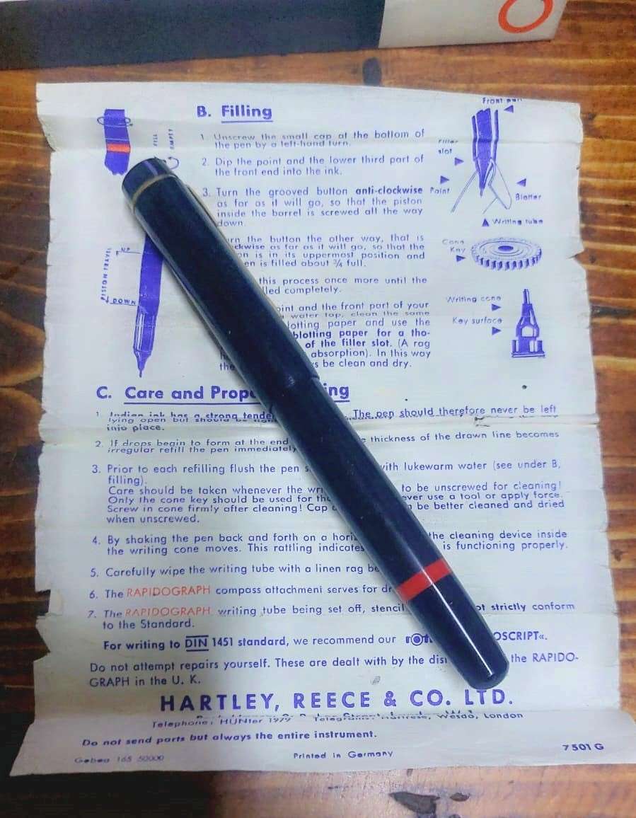 Vintage 1970s Rotring Rapidograph Technical Drawing Pen with 5 extra replacement nibs + bottle ink