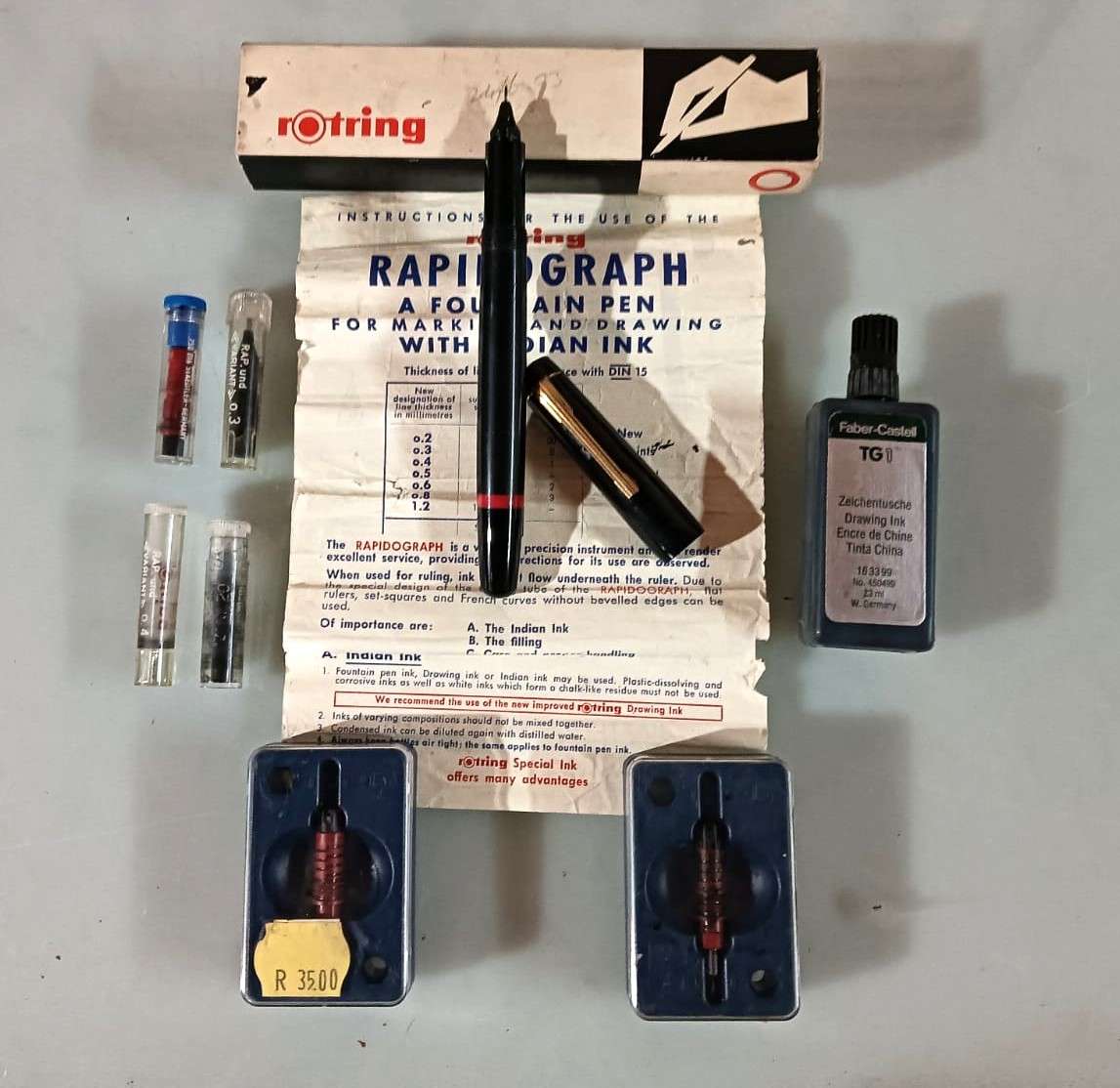 Vintage 1970s Rotring Rapidograph Technical Drawing Pen with 5 extra replacement nibs + bottle ink