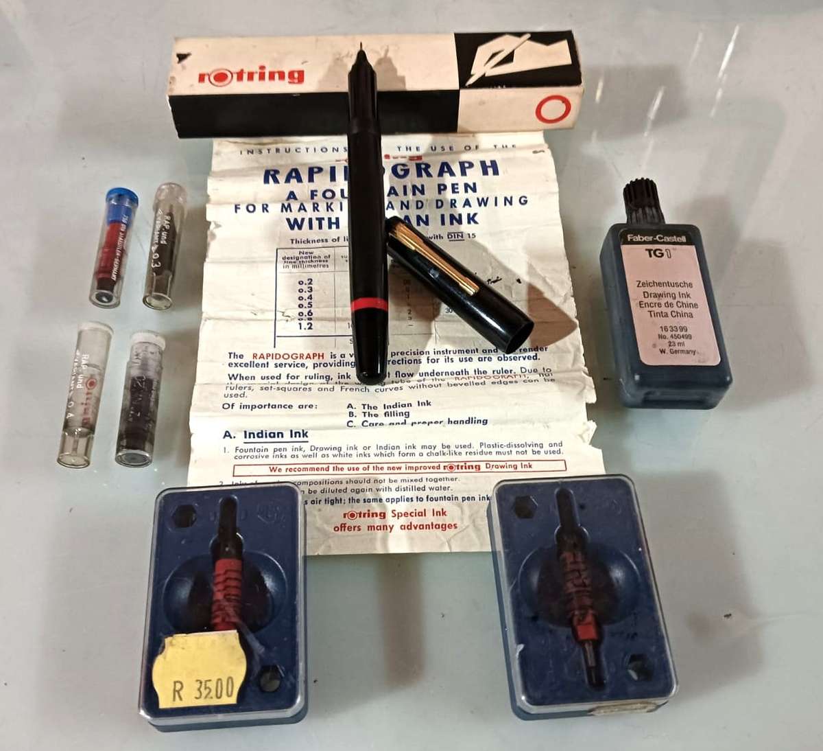 Vintage 1970s Rotring Rapidograph Technical Drawing Pen with 5 extra replacement nibs + bottle ink