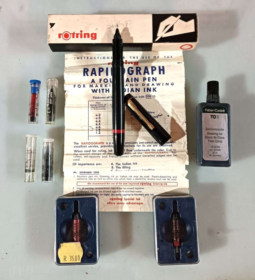 Vintage 1970s Rotring Rapidograph Technical Drawing Pen with 5 extra replacement nibs + bottle ink