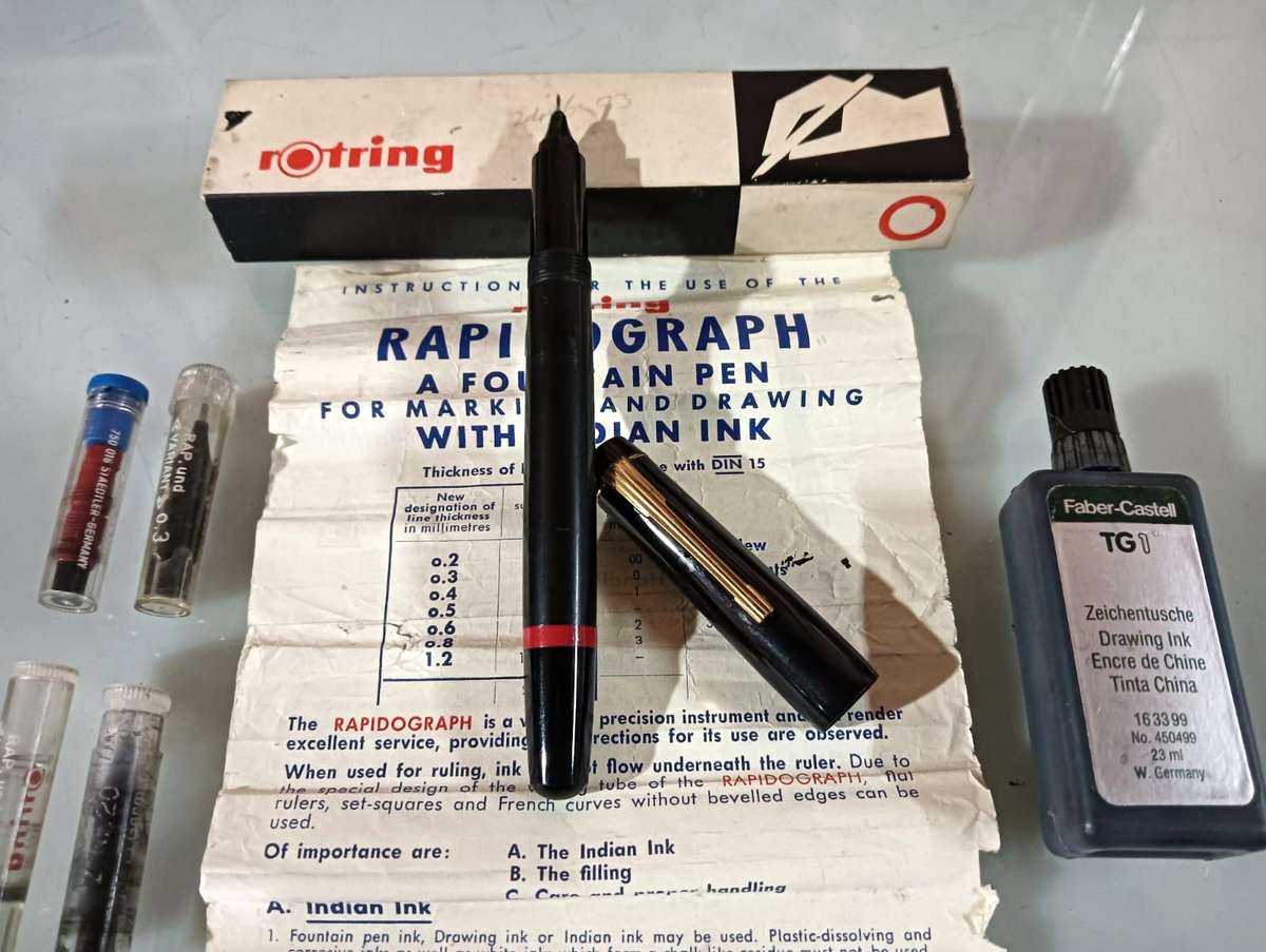 Vintage 1970s Rotring Rapidograph Technical Drawing Pen with 5 extra replacement nibs + bottle ink