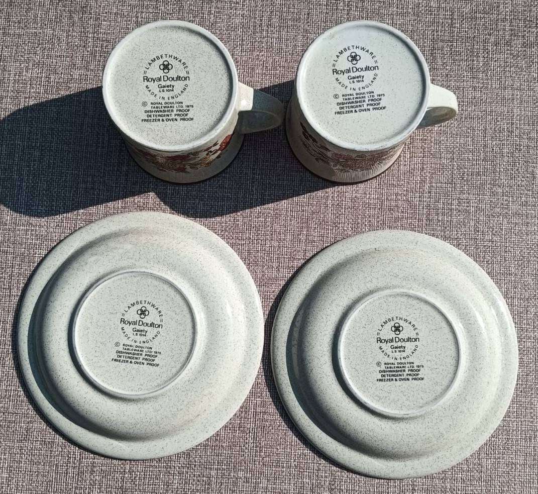 Two Royal Doulton 1970s Lambethware Gaiety Pattern Stoneware Coffee Cup Duos