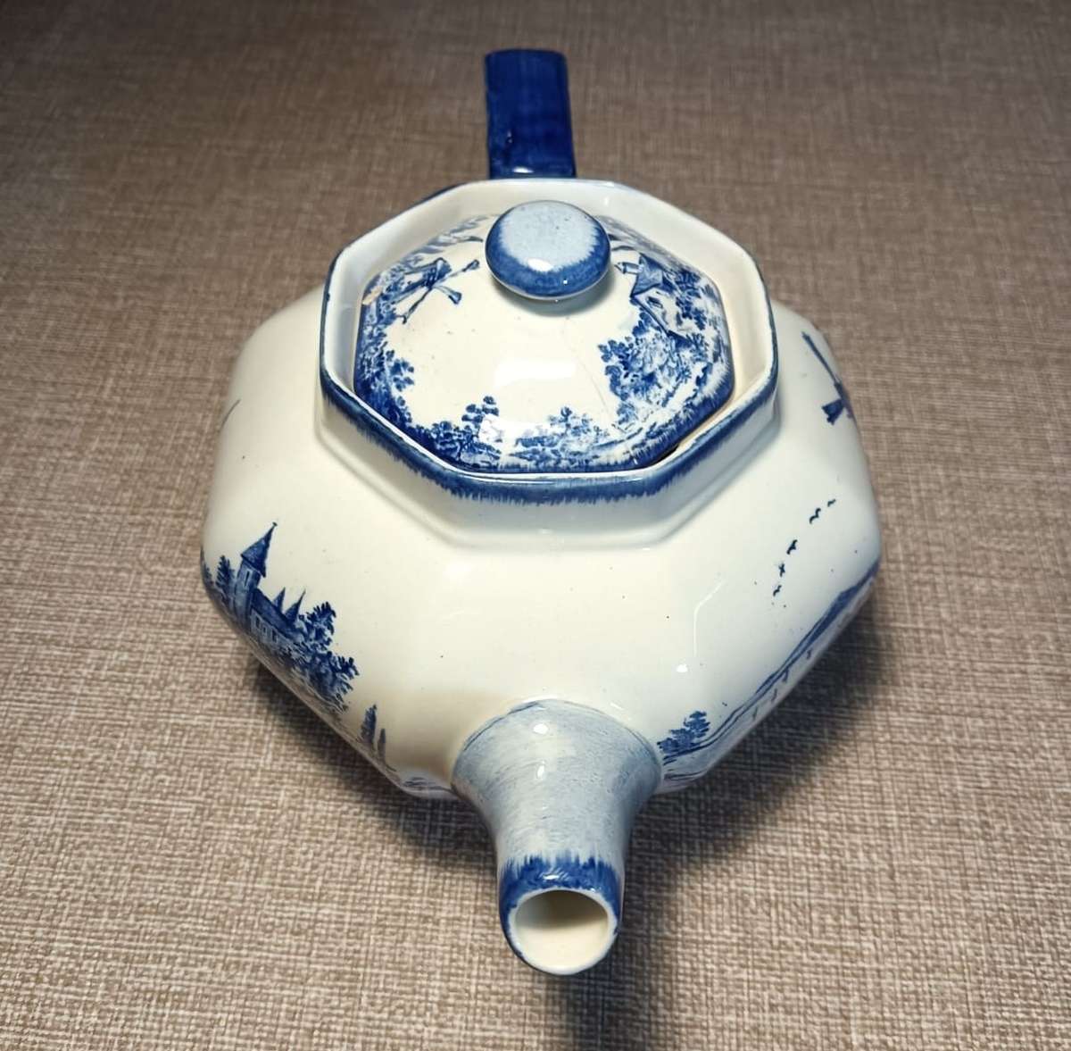 Antique 1920s Royal Doulton Blue and White Norfolk Pattern Hexagonal Shaped Teapot  Damaged Inside