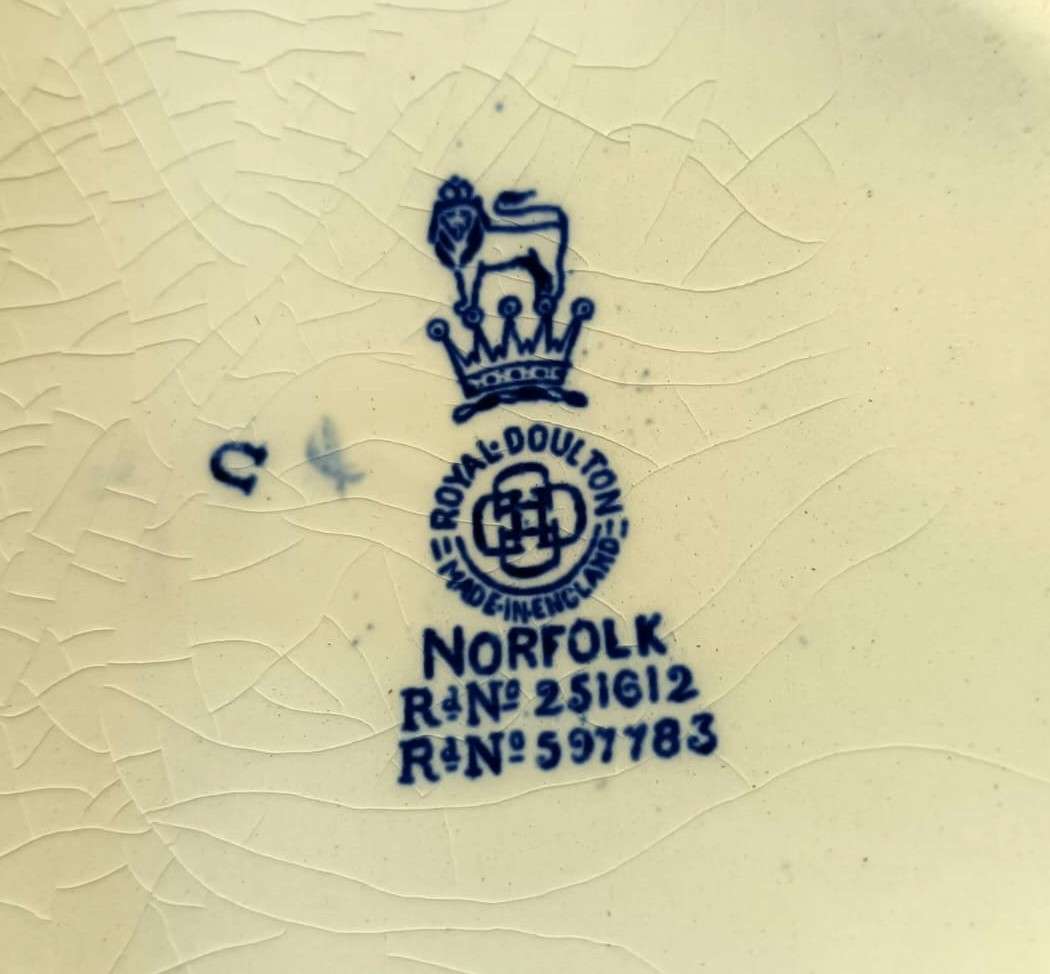 Antique 1920s Royal Doulton Blue and White Norfolk Pattern Hexagonal Shaped Teapot  Damaged Inside