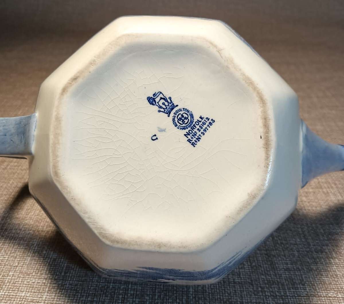 Antique 1920s Royal Doulton Blue and White Norfolk Pattern Hexagonal Shaped Teapot  Damaged Inside