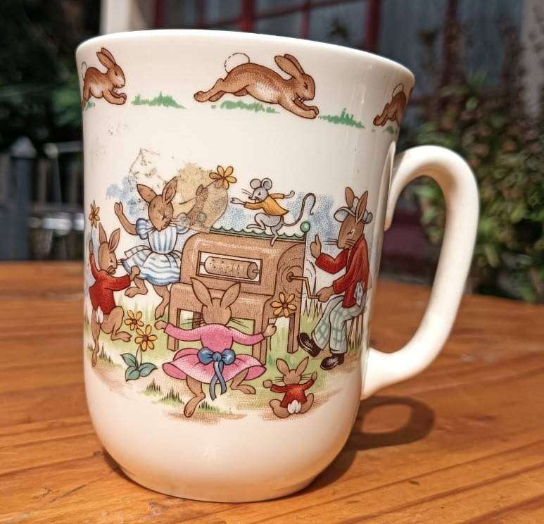 Bunnykins Royal Doulton One Handled Cup Player Piano Dancing Bunnies Rope Jumping - Circa 1968-1975