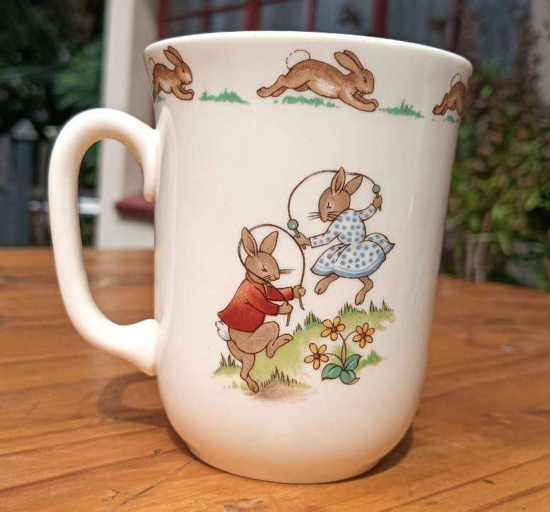 Bunnykins Royal Doulton One Handled Cup Player Piano Dancing Bunnies Rope Jumping - Circa 1968-1975