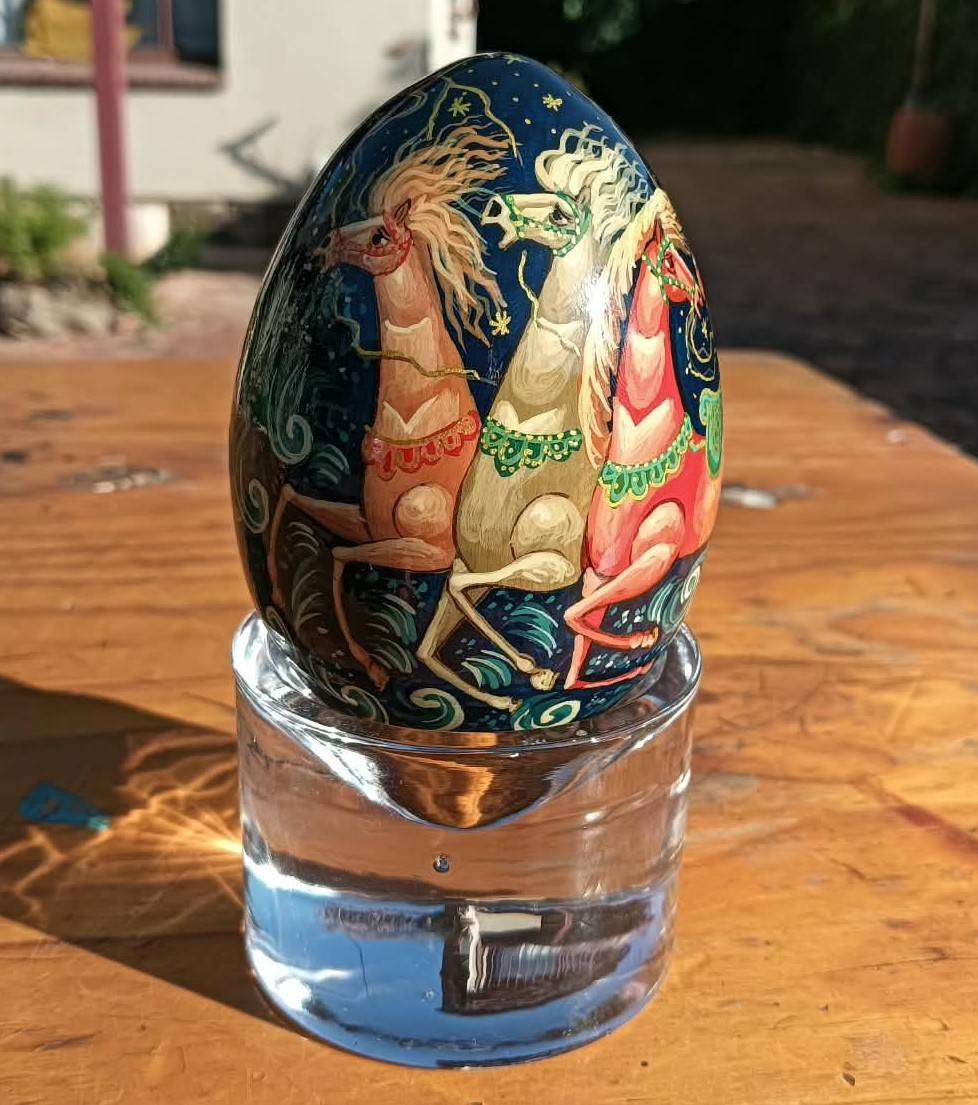 Russian Troika Hand Painted Russian Paper Mache Lacquered Egg featuring a 3 Horse Sleigh