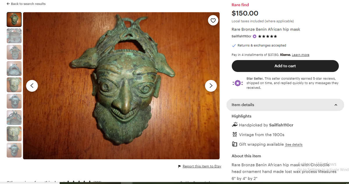 Antique Benin Bronze Hip Mask with Striking Bearded Face and Fish - Natural Patina Visible