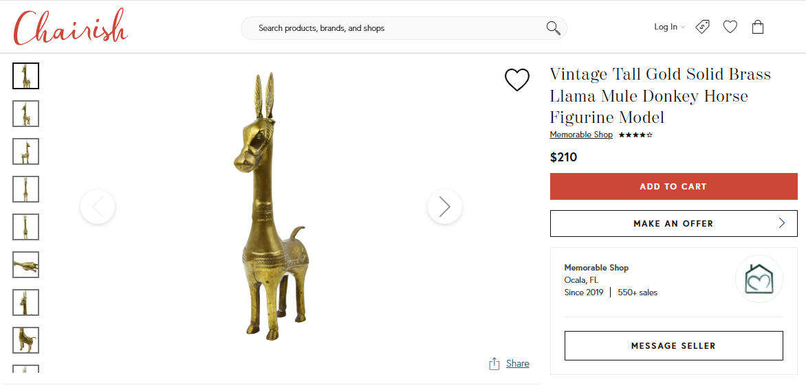 Brass Donkey or Llama with Long Neck and Long Ears - Detailed Engravings 15cm High Weighs 600g Korea