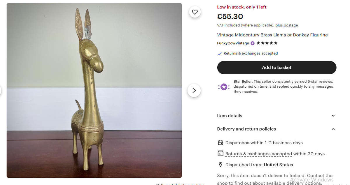 Brass Donkey or Llama with Long Neck and Long Ears - Detailed Engravings 15cm High Weighs 600g Korea