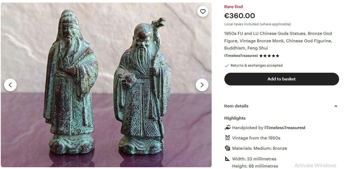 Bronze Fu Chinese Diety Figurine for Good Fortune - Vintage with aged patina - 9cm High Weighs 180g