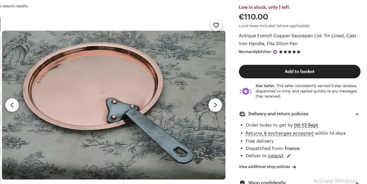 Antique French Copper Saucepan Lid with Copper Riveted Handle Heavy 568g