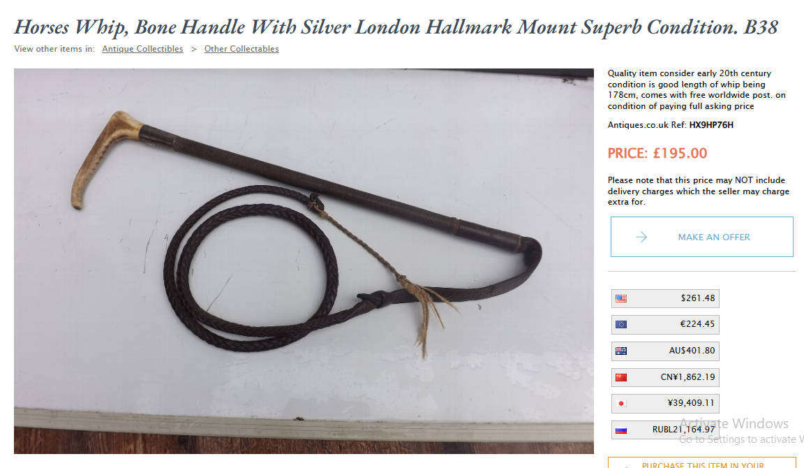 Two Antique Leather and Bone Handle Hunting Crops one with a Gloria Kerschot Silver Metal Collar