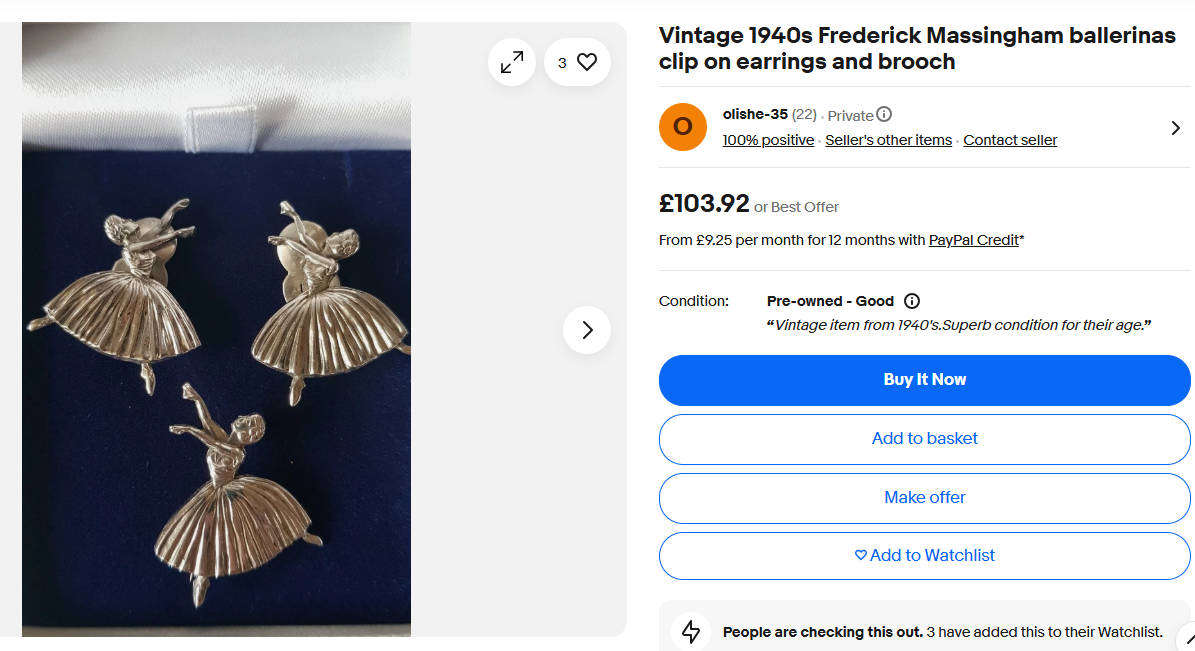 STERLING SILVER 1940S DHP FREDERICK MASSINGHAM DESIGNED BALLERINA JACKET EARRINGS (6.46G)