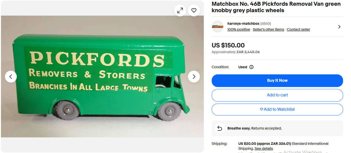 Lesney 1963 No 46 Pickfords Removal Van with Plastic Rear Roller Door in Tact Scale 1:64