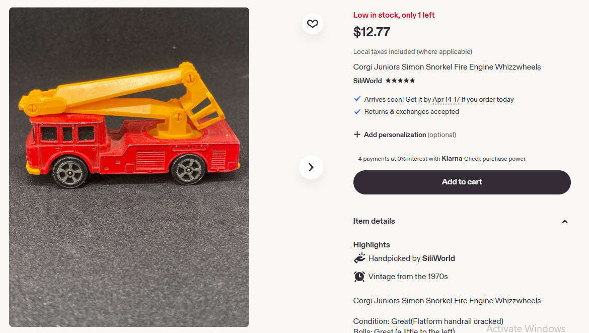 Corgi Juniors late 1960s Whizzwheels Simon Snorkel Fire Engine Diecast Early Model with Thin Whizzwh