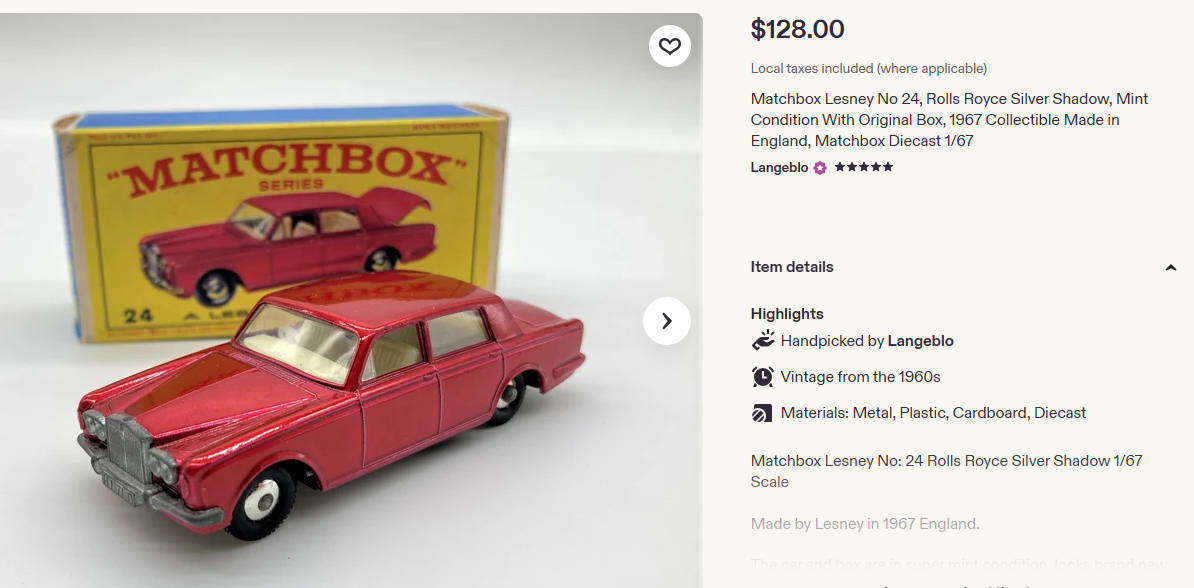 Lesney Matchbox 1967 No 24 Rolls Royce Silver Shadow Diecast Scale 1:64 Original 1-75 Series!
