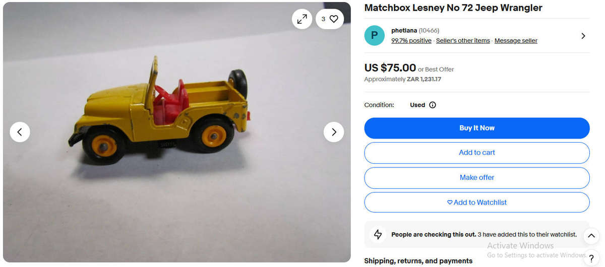 Lesney Matchbox 1966 No 72b Standard Jeep with Fully Functional Spare Tyre Scale 1:64