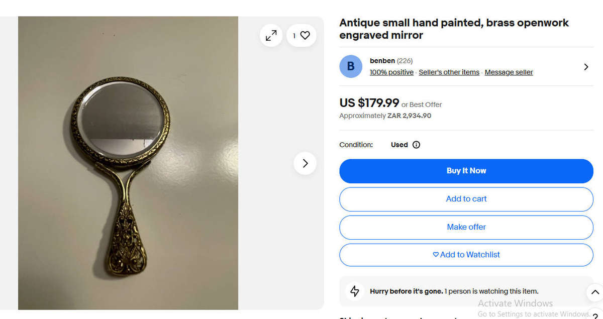 Antique 1920s Petit Point Brass Filigree Hand Mirror Good Condition