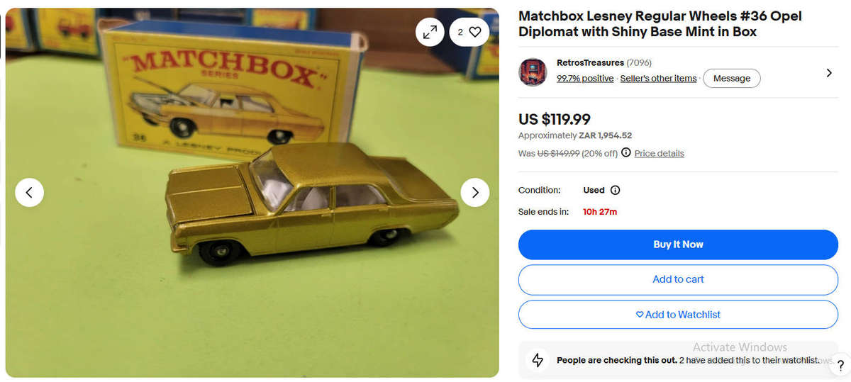 Lesney Matchbox 1966 No 35 Opel Diplomat with Opening Hood Scale 1:64