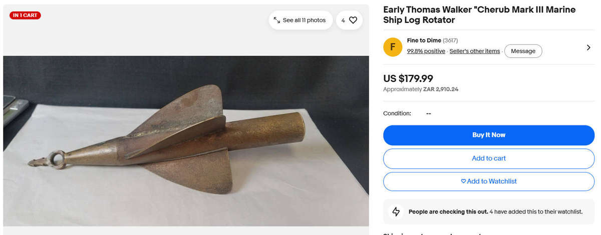 Rare Nautical Antique Thomas Walker Cherub Ship Speed Log Brass Bullet Shaped Rotator (C 1880-1930)