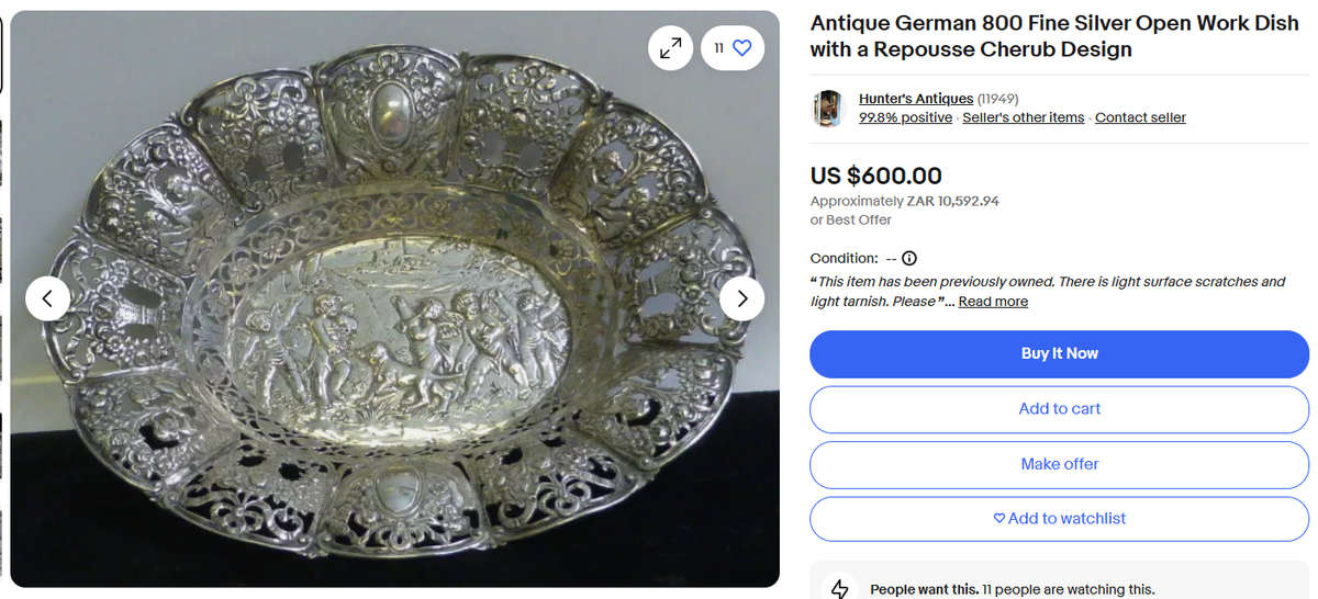 Antique German Half Moon and Crown 800 Silver Sweet Dish with Young Boys Central Relief Panel 32g
