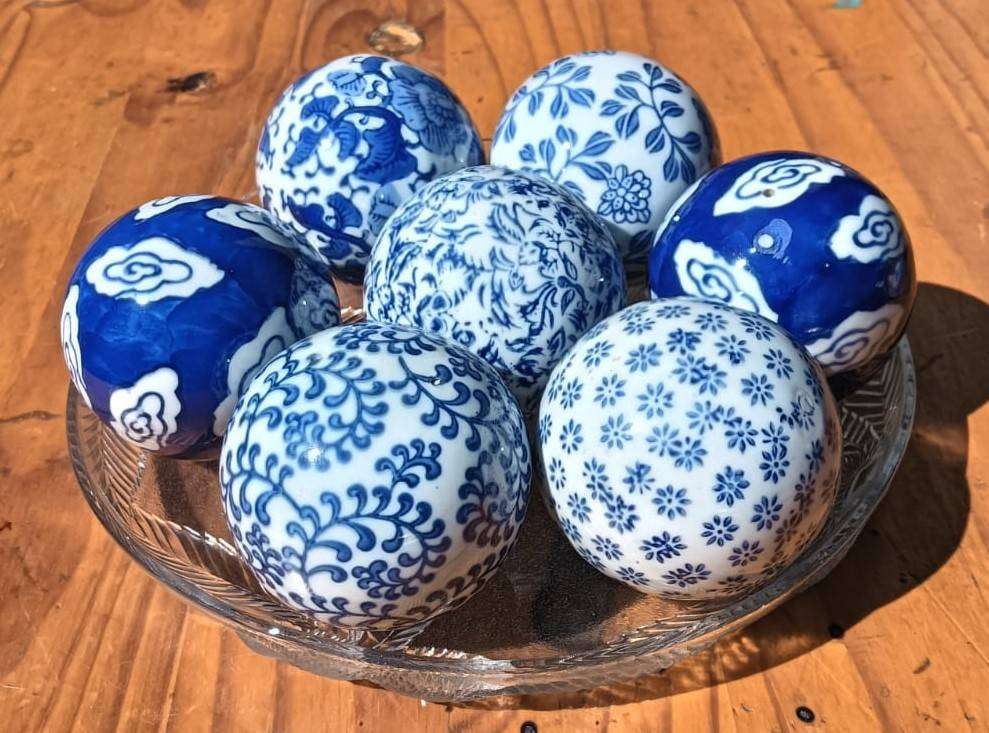 Set of Seven (7) Chinese Blue and White Ceramic Balls Hand Crafted 7cm Spheres