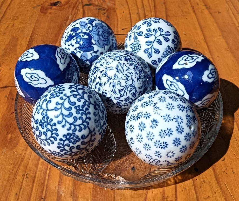 Set of Seven (7) Chinese Blue and White Ceramic Balls Hand Crafted 7cm Spheres
