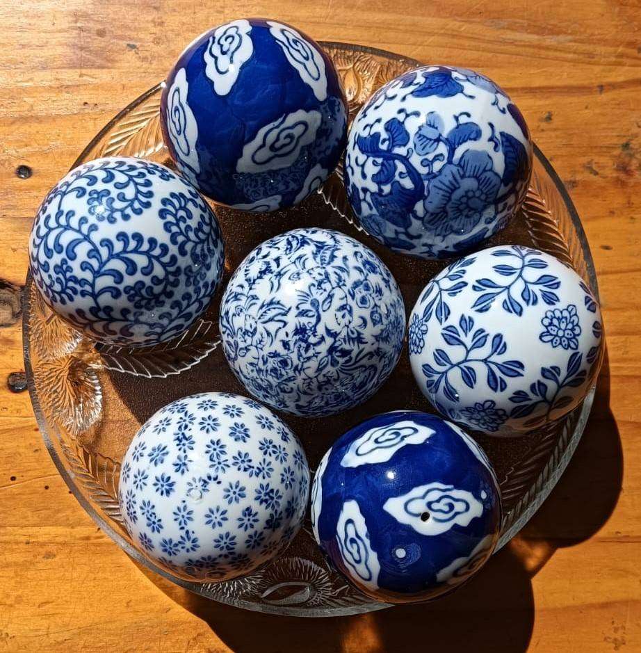 Set of Seven (7) Chinese Blue and White Ceramic Balls Hand Crafted 7cm Spheres