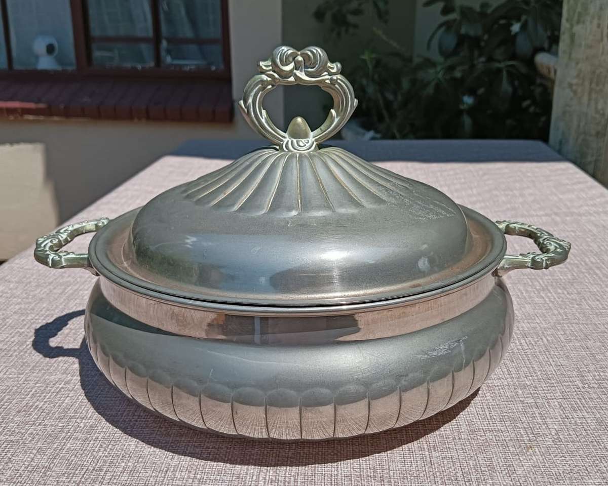 Silver Metal Lidded Casserole Dish in Good Condition