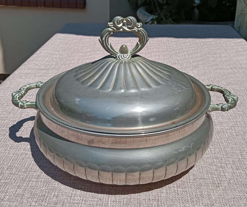 Silver Metal Lidded Casserole Dish in Good Condition