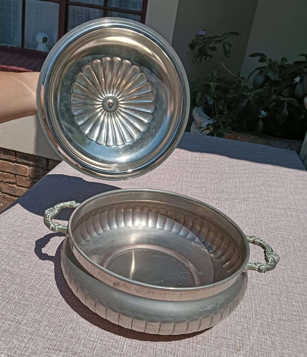 Silver Metal Lidded Casserole Dish in Good Condition