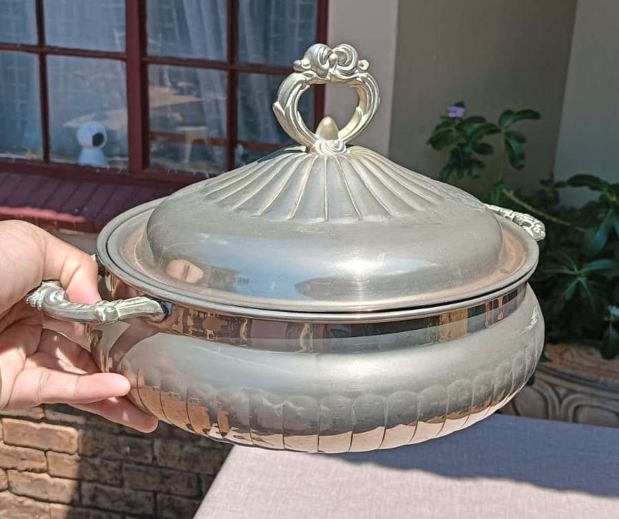 Silver Metal Lidded Casserole Dish in Good Condition