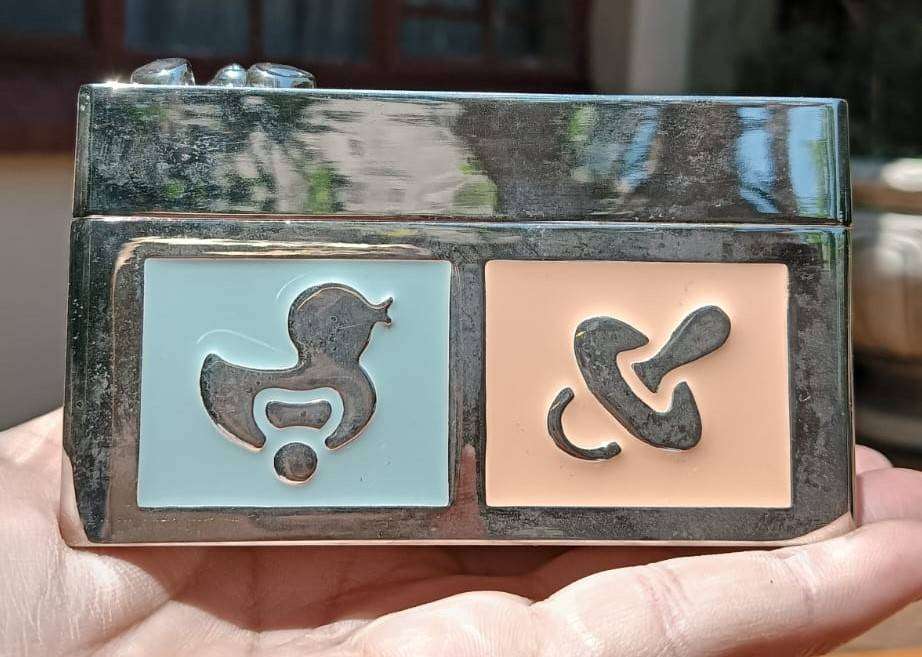 Silverplated Baby Keepsake Box with Enamelled Detail: Hinged Lid Velvet Lined on Inside